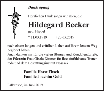 Traueranzeige von Hildegard Becker von Märkische Oderzeitung