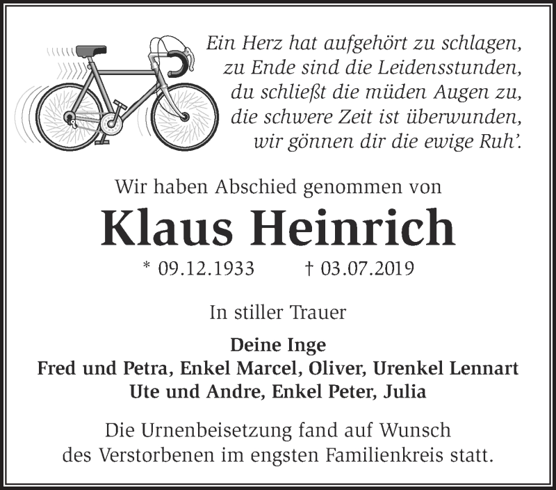 Traueranzeigen von Klaus Heinrich Märkische Onlinezeitung Trauerportal