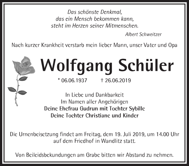 Traueranzeigen Von Wolfgang Sch Ler M Rkische Onlinezeitung Trauerportal