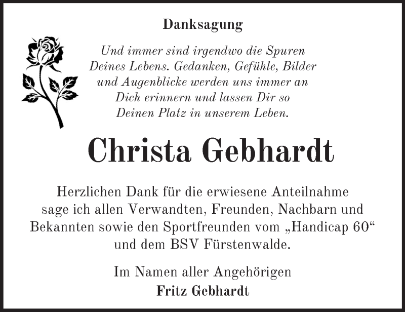 Traueranzeigen von Christa Gebhardt Märkische Onlinezeitung Trauerportal