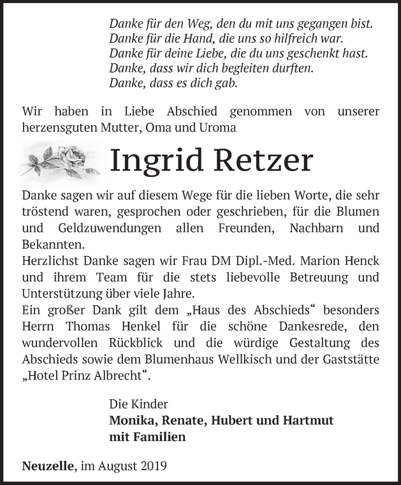 Traueranzeigen Von Ingrid Retzer M Rkische Onlinezeitung Trauerportal