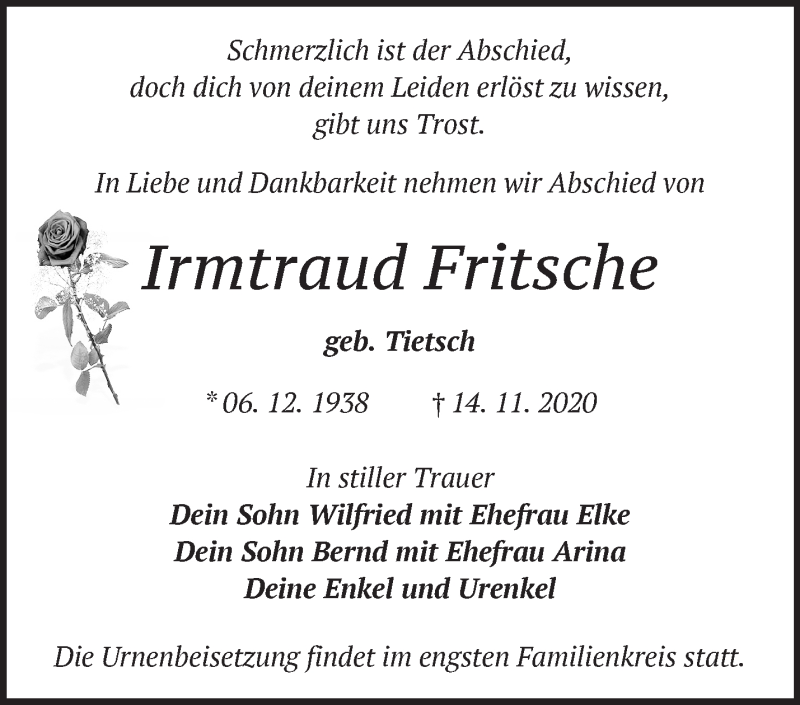 Traueranzeigen Von Irmtraud Fritsche M Rkische Onlinezeitung Trauerportal