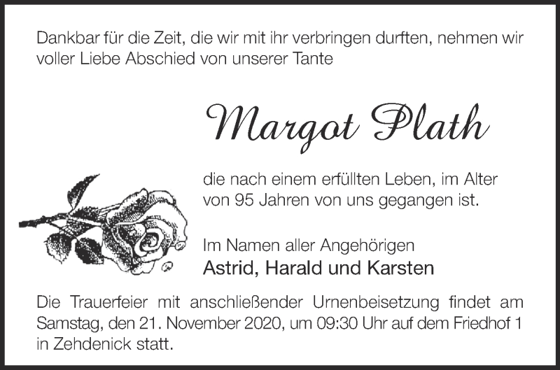 Traueranzeigen von Margot Plath Märkische Onlinezeitung Trauerportal