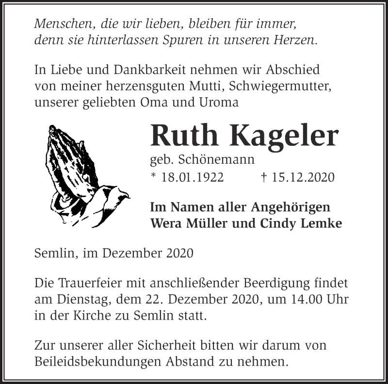 Traueranzeigen von Ruth Kageler Märkische Onlinezeitung Trauerportal