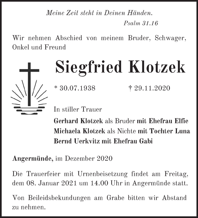 Traueranzeigen von Siegfried Klotzek Märkische Onlinezeitung Trauerportal