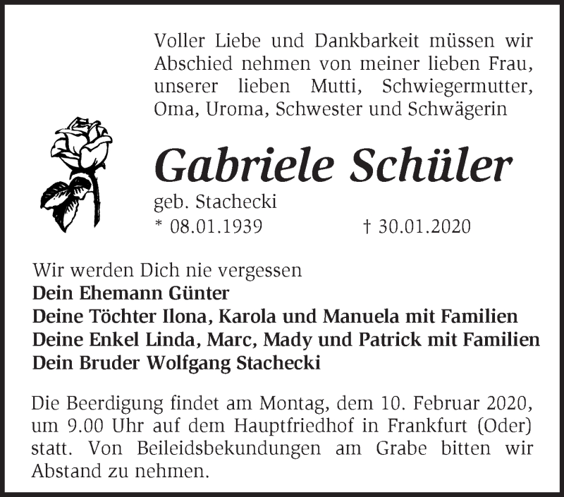 Traueranzeigen Von Gabriele Sch Ler M Rkische Onlinezeitung Trauerportal