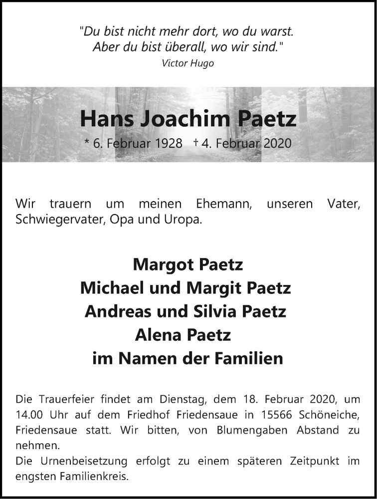 Traueranzeigen Von Hans Joachim Paetz M Rkische Onlinezeitung