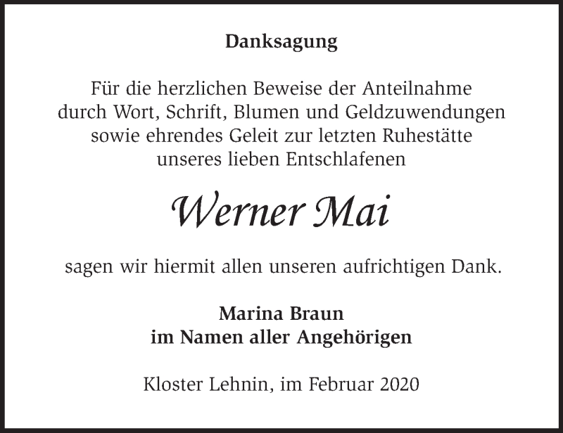 Traueranzeigen von Werner Mai Märkische Onlinezeitung Trauerportal