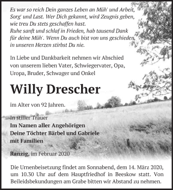 Traueranzeigen von Willy Drescher Märkische Onlinezeitung Trauerportal