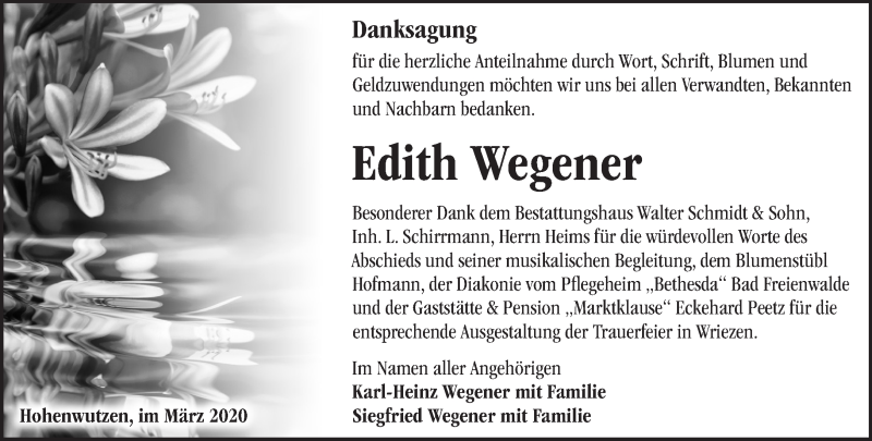 Traueranzeigen von Edith Wegener Märkische Onlinezeitung Trauerportal