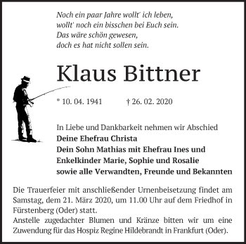 Traueranzeigen Von Klaus Bittner M Rkische Onlinezeitung Trauerportal