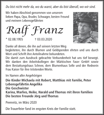 Traueranzeigen von Ralf Franz Märkische Onlinezeitung Trauerportal