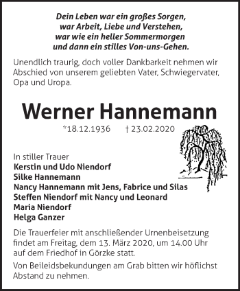 Traueranzeigen von Werner Hannemann Märkische Onlinezeitung Trauerportal