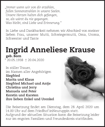 Traueranzeigen Von Ingrid Anneliese Krause M Rkische Onlinezeitung