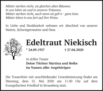 Traueranzeige von Edeltraut Niekisch von Märkische Oderzeitung