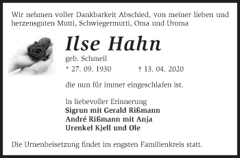 Traueranzeigen Von Ilse Hahn M Rkische Onlinezeitung Trauerportal