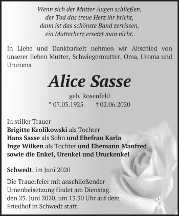 Traueranzeigen von Alice Sasse Märkische Onlinezeitung Trauerportal