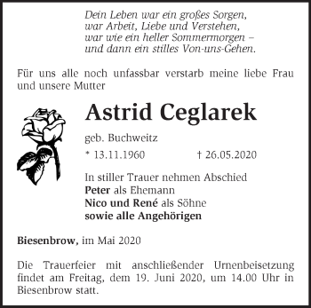 Traueranzeigen von Astrid Ceglarek Märkische Onlinezeitung Trauerportal