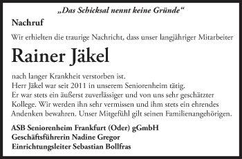Traueranzeige von Rainer Jäkel von Märkische Oderzeitung