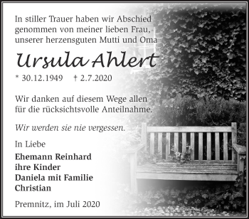 Traueranzeigen von Ursula Ahlert Märkische Onlinezeitung Trauerportal