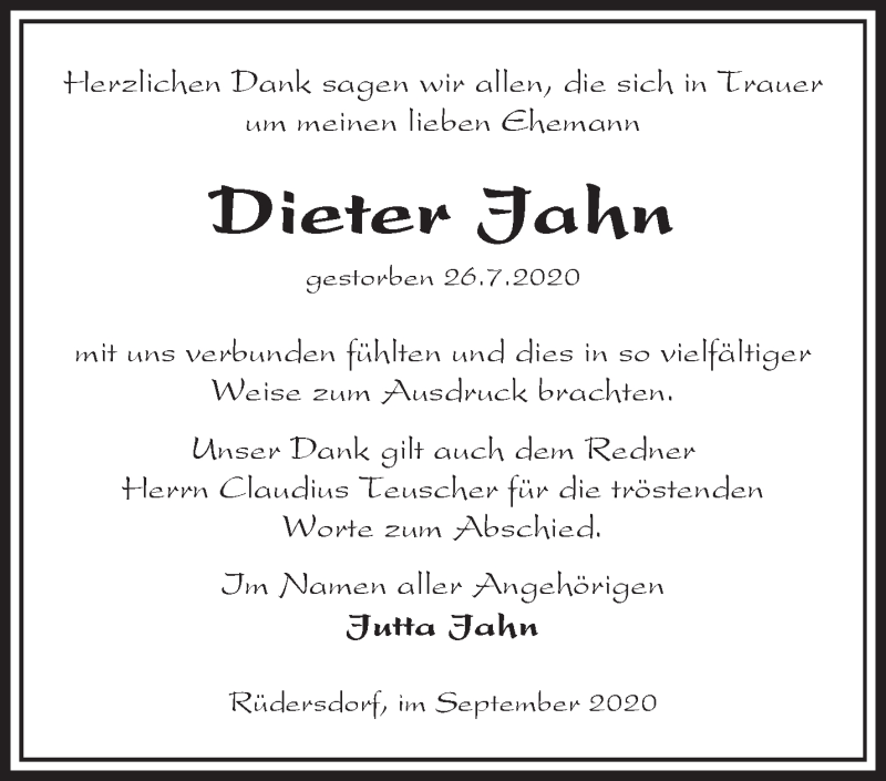 Traueranzeigen von Dieter Jahn Märkische Onlinezeitung Trauerportal