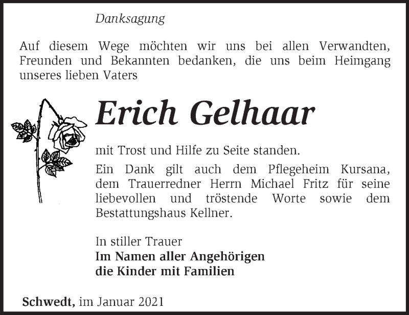 Traueranzeigen von Erich Gelhaar Märkische Onlinezeitung Trauerportal