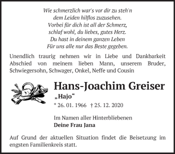 Traueranzeigen von Hans Joachim Greiser Märkische Onlinezeitung