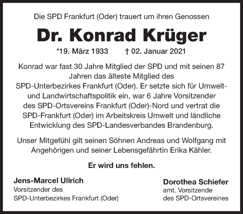 Traueranzeigen von Konrad Krüger Märkische Onlinezeitung Trauerportal