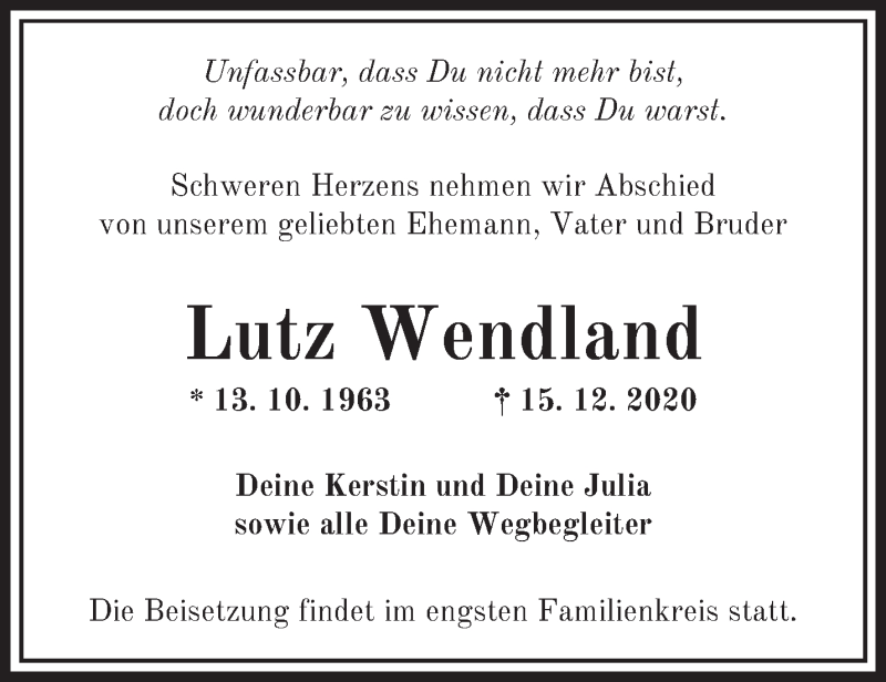 Traueranzeigen Von Lutz Wendland M Rkische Onlinezeitung Trauerportal