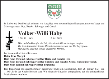 Traueranzeigen von Volker Willi Haby Märkische Onlinezeitung Trauerportal