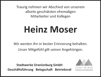 Traueranzeigen von Heinz Moser Märkische Onlinezeitung Trauerportal