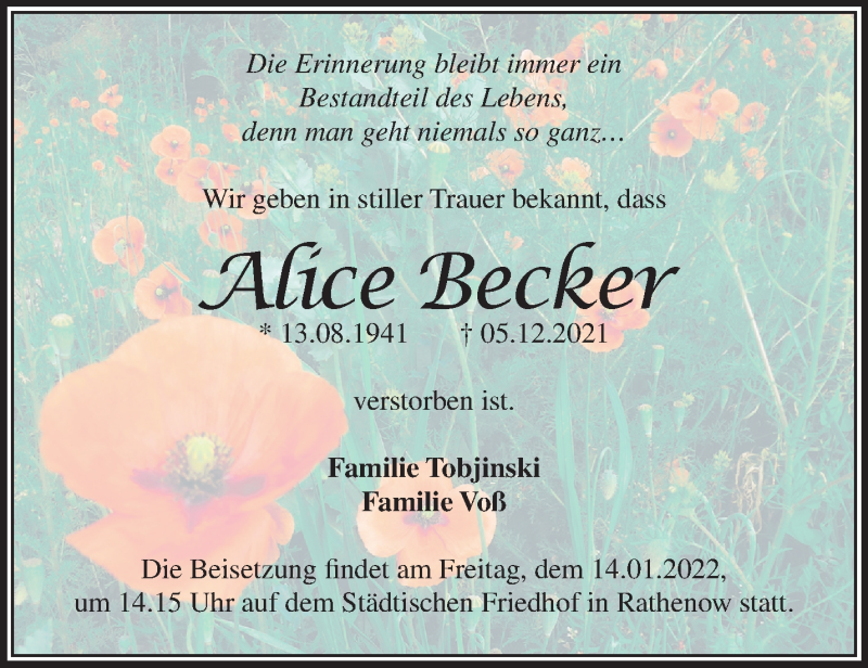 Traueranzeigen Von Alice Becker M Rkische Onlinezeitung Trauerportal