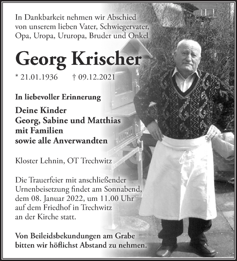 Traueranzeigen Von Georg Krischer M Rkische Onlinezeitung Trauerportal