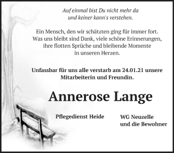 Traueranzeigen von Annerose Lange Märkische Onlinezeitung Trauerportal