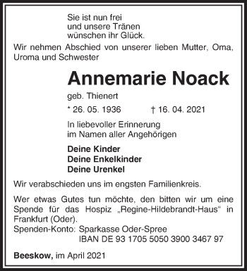 Traueranzeigen Von Annemarie Noack M Rkische Onlinezeitung Trauerportal