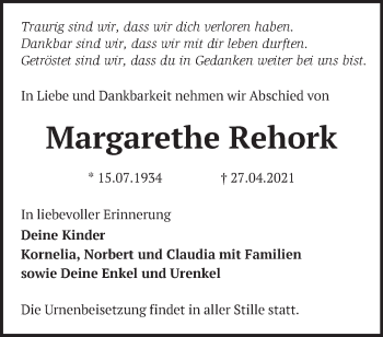 Traueranzeige von Margarethe Rehork von Märkische Oderzeitung