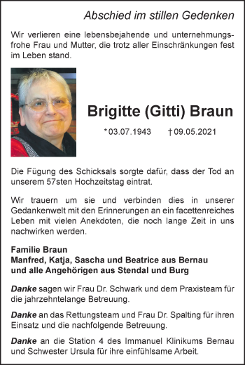 Traueranzeige von Brigitte Braun von Märkische Oderzeitung