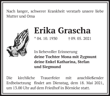 Traueranzeige von Erika Grascha von Märkische Oderzeitung