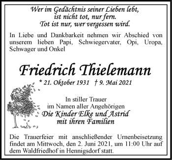 Traueranzeige von Friedrich Thielemann von Märkische Oderzeitung
