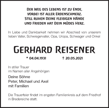 Traueranzeige von Gerhard Reisener von Märkische Oderzeitung