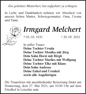 Traueranzeige von Irmgard Melchert von Märkische Oderzeitung