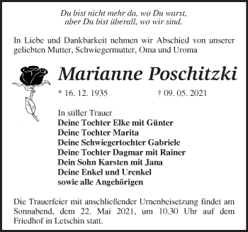 Traueranzeige von Marianne Poschitzki von Märkische Oderzeitung