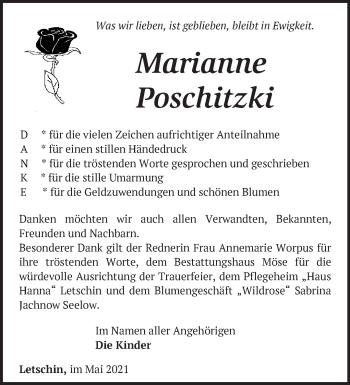 Traueranzeige von Marianne Poschitzki von Märkische Oderzeitung
