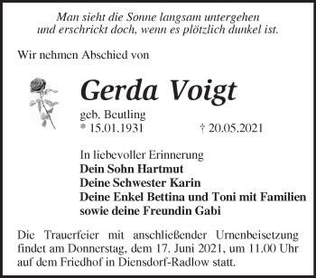 Traueranzeige von Gerda Voigt von Märkische Oderzeitung
