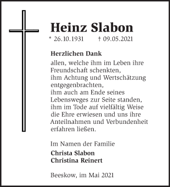 Traueranzeige von Heinz Slabon von Märkische Oderzeitung