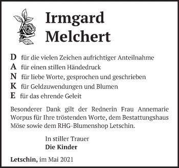 Traueranzeige von Irmgard Melchert von Märkische Oderzeitung
