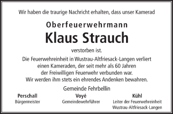 Traueranzeige von Klaus Strauch von Märkische Oderzeitung