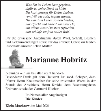 Traueranzeige von Marianne Hobritz von Märkische Oderzeitung