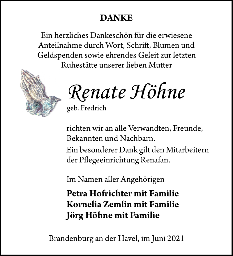 Traueranzeigen Von Renate H Hne M Rkische Onlinezeitung Trauerportal