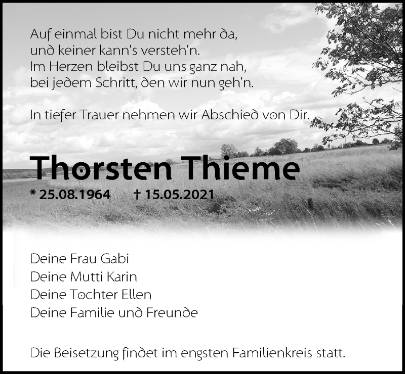 Traueranzeigen Von Thorsten Thieme M Rkische Onlinezeitung Trauerportal